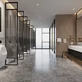 Public Restroom Modern Interior Design With Marble Walls Double Sinks Large Mirrors And Wooden Accents
