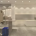 Modern Clothing Store Open Space White Walls Gray Floors Racks Display Counter Spiral Staircase