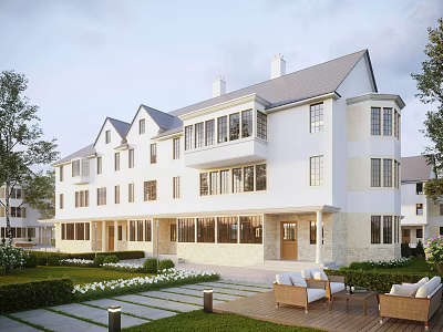 Single Family House White Exterior Multiple Windows Front Lawn Outdoor Seating Stone Pathway And Greenery 3d model