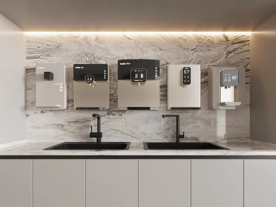 Modern Household Appliances Wall Mounted In Kitchen With Marble Backsplash Double Sinks And White Cabinets 3d model