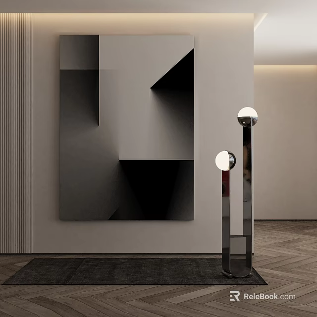 Large Modern Black And White Abstract Geometric Sculpture Wall Mounted In Interior With Floor Lamps 3d model 