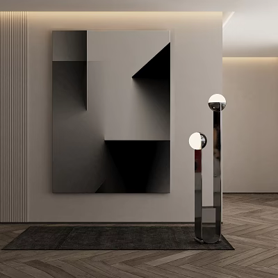 Large Modern Black And White Abstract Geometric Sculpture Wall Mounted In Interior With Floor Lamps 3d model