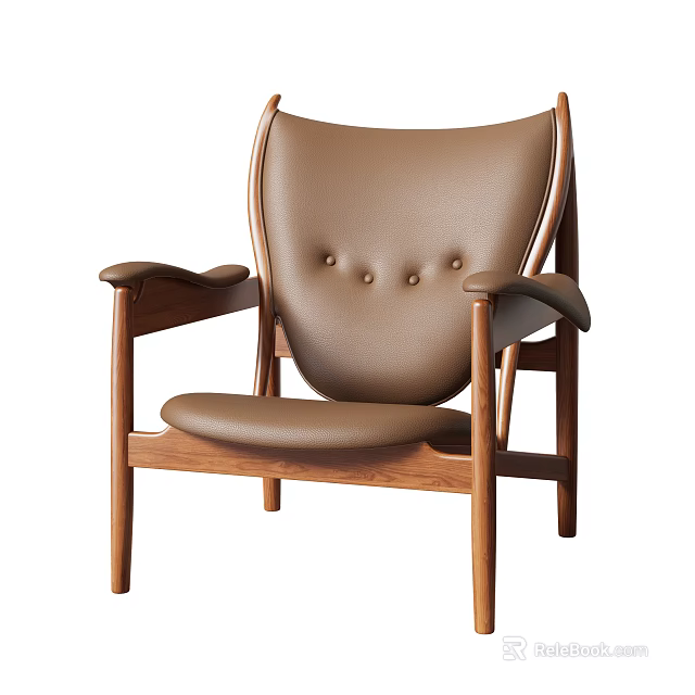 Brown Leather Leisure Chair With Curved Armrests Button Tufted Backrest And Wooden Frame 3d model 