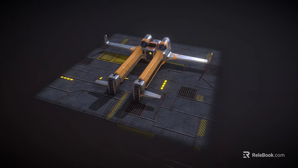 Futuristic Spaceship On Industrial Landing Pad With Metal Structures And Lights 3d model 