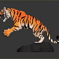 3D Striped Tiger Roaring With Extended Paws Standing On Gray Rock