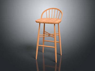Wooden Bar Stool With Curved Slatted Backrest And Woven Seat On Crossed Legs 3d model