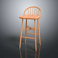 Wooden Bar Stool With Curved Slatted Backrest And Woven Seat On Crossed Legs