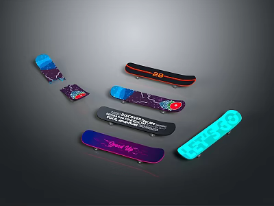Assorted Skateboards As Sports Equipment With Colorful Graphics And Unique Designs 3d model