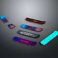 Assorted Skateboards As Sports Equipment With Colorful Graphics And Unique Designs