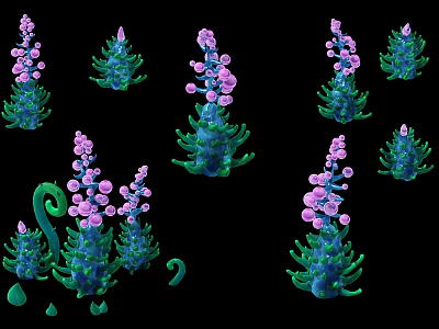 Plants With Purple Flowers And Green Stems In Multiple Forms On Black Background 3d model