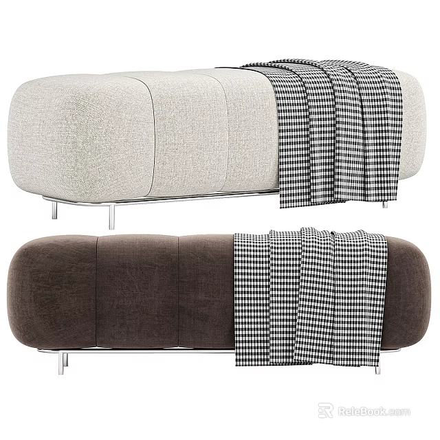 Modern Sofa Bench With Beige And Brown Upholstery Black White Checkered Blanket Metal Legs 3d model 