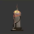 Burning Candle With Melting Wax And Decorative Holder Featuring Flame And Smoke