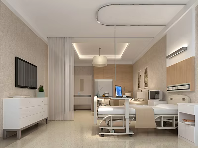 Modern Hospital Room Interior With Medical Bed TV Cabinet Ceiling Lamp And Wooden Accents 3d model