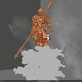 Decorative Ornament Set With Golden Warrior Figurine Holding Long Staff And Smoke Effect