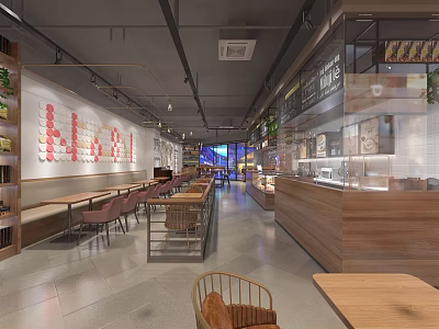 Modern Cafe Interior Design With Wooden Counter Tables Chairs Open Layout And Warm Lighting 3d model