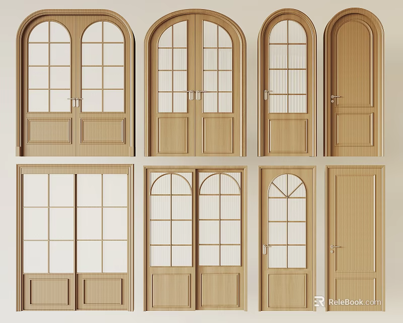 Wooden Sliding Doors With Various Arched Rectangular Designs And Glass Panels 3d model