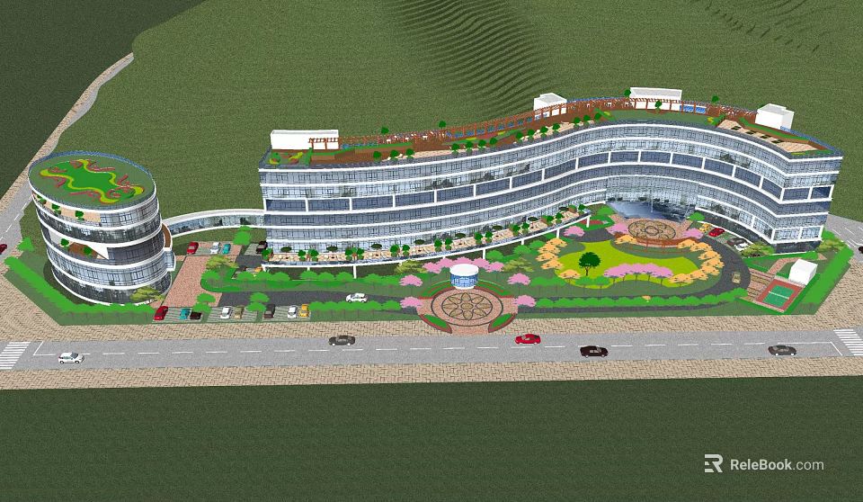 Modern Architectural Complex Landscape With Multi Storey Buildings Green Belts Circular Plaza And Roads 3d model 