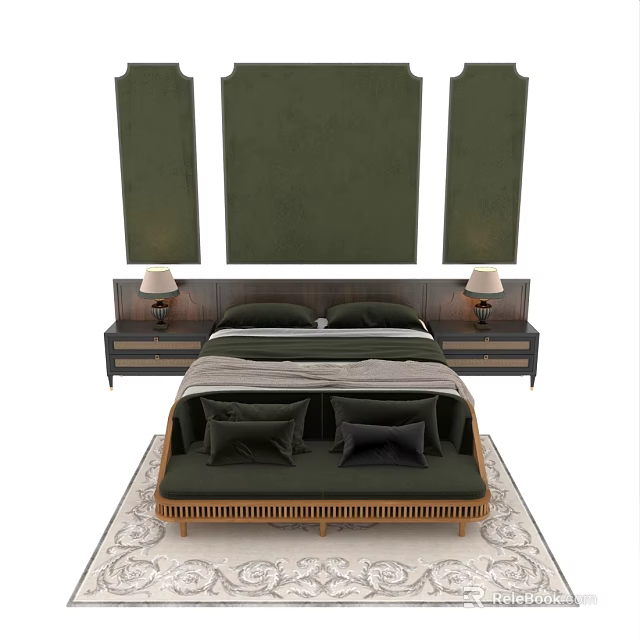 Double Bed With Green Padded Panels Wooden Nightstands Table Lamps Plush Pillows And Linen Bedding 3d model 