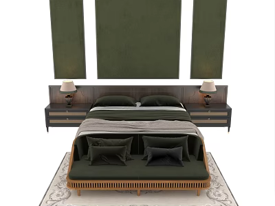 Double Bed With Green Padded Panels Wooden Nightstands Table Lamps Plush Pillows And Linen Bedding 3d model