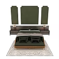 Double Bed With Green Padded Panels Wooden Nightstands Table Lamps Plush Pillows And Linen Bedding