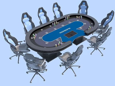Modern Poker Entertainment Table With Eight Gray Swivel Chairs And Poker Chips Drinks 3d model