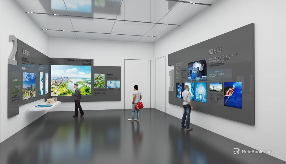 Modern Exhibition Hall Interior With Display Wall Featuring Images And Visitors Observing Exhibits 3d model 