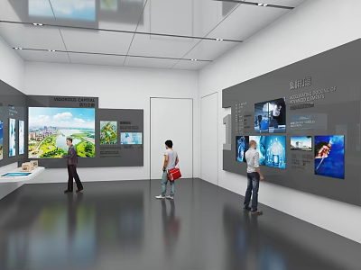 Modern Exhibition Hall Interior With Display Wall Featuring Images And Visitors Observing Exhibits 3d model