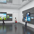 Modern Exhibition Hall Interior With Display Wall Featuring Images And Visitors Observing Exhibits
