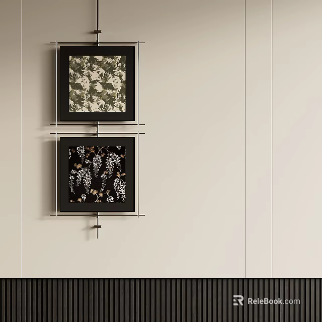 Abstract Paintings in Black Frames Arranged Vertically on Light Wall Featuring Floral Geometric Patterns 3d model