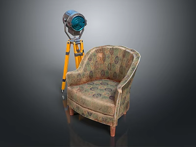 Classic Patterned Fabric Armchair With Wooden Legs Beside Yellow Tripod Floor Lamp 3d model