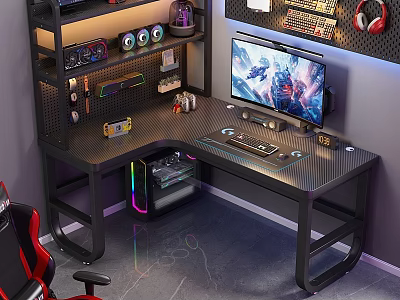 Gaming Desk and Chair Set with RGB Lighting Multi Tiered Shelves and Game Accessories 3d model