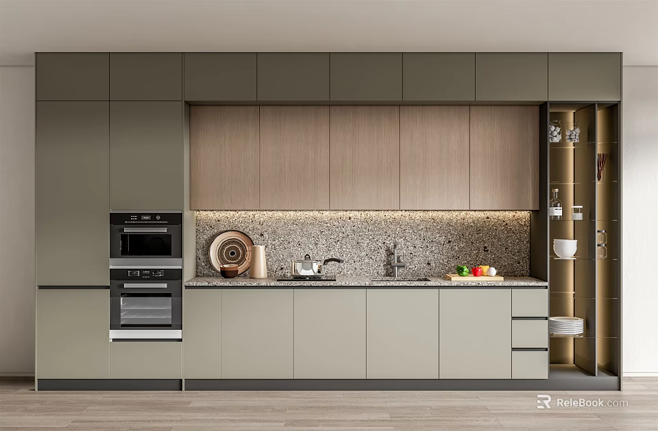 Modern Kitchen With Gray Lower Cabinets And Wooden Upper Storage Design 3d model