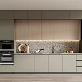 Modern Kitchen With Gray Lower Cabinets And Wooden Upper Storage Design 3d model