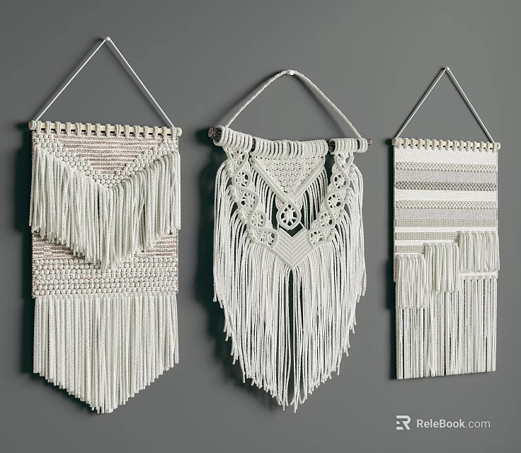 Handmade White Macramé Wall Hangings With Fringe And Decorative Patterns 3d model 