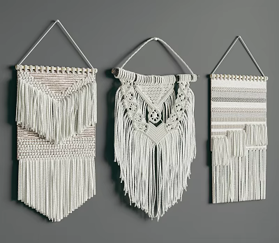 Handmade White Macramé Wall Hangings With Fringe And Decorative Patterns 3d model