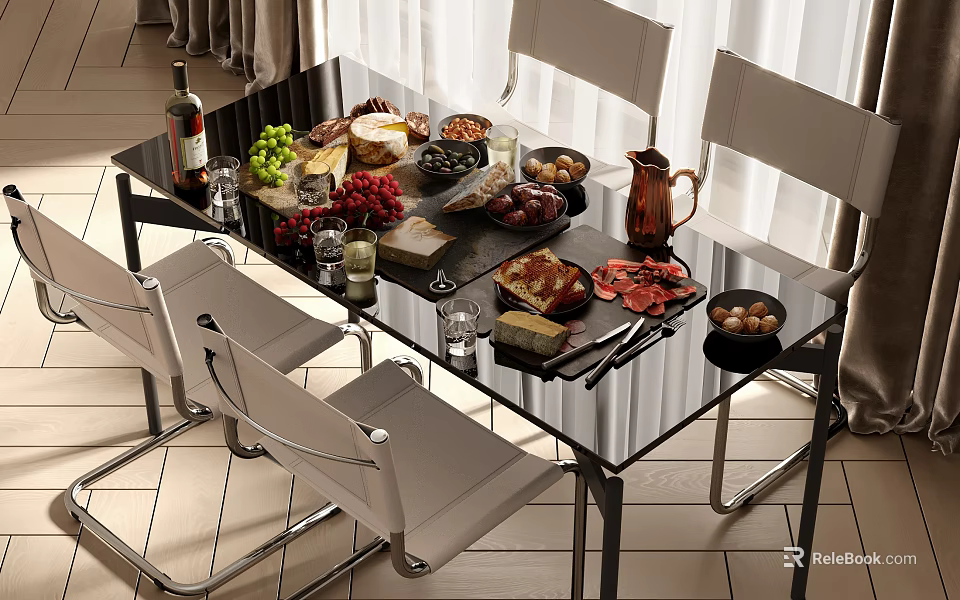 Modern Dining Table Set With Black Glass Top White Chairs And Food Drinks 3d model 