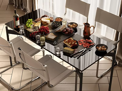 Modern Dining Table Set With Black Glass Top White Chairs And Food Drinks 3d model