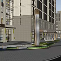 Modern Commercial Street With Glass Facades Storefronts And Outdoor Green Spaces