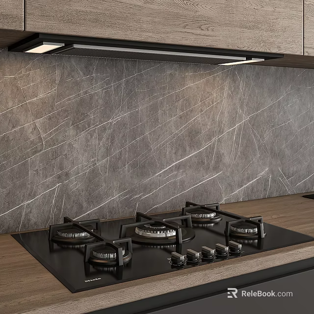 Modern Kitchen Interior Design With Marble Wall Gas Stove And Cabinets 3d model