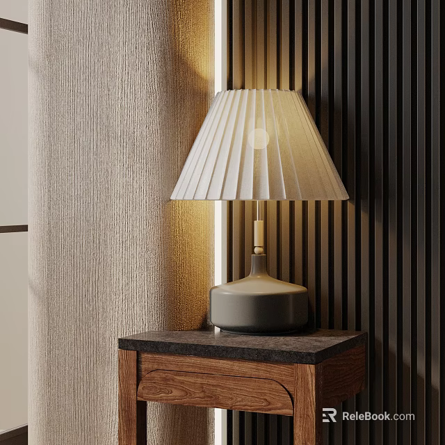 Elegant Table Lamp With White Pleated Lampshade On Wooden Cabinet Dark Countertop And Textured Wall 3d model 