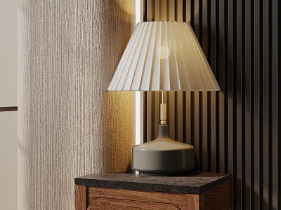 Elegant Table Lamp With White Pleated Lampshade On Wooden Cabinet Dark Countertop And Textured Wall 3d model