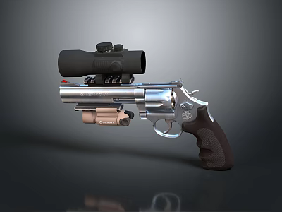 Tactical Silver Metal Revolver With Scope Flashlight And Brown Grip Isolated On Dark Background 3d model