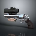 Tactical Silver Metal Revolver With Scope Flashlight And Brown Grip Isolated On Dark Background