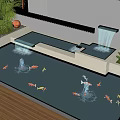 Courtyard Garden Water Pool With Fountains Goldfish Green Plants And Wooden Deck