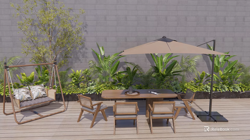 Outdoor Wooden Dining Table And Chairs Set With Umbrella In Patio Garden Lush Green Plants 3d model 