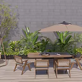 Outdoor Wooden Dining Table And Chairs Set With Umbrella In Patio Garden Lush Green Plants