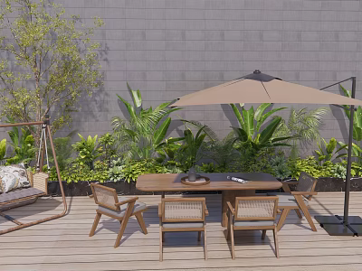 Outdoor Wooden Dining Table And Chairs Set With Umbrella In Patio Garden Lush Green Plants 3d model