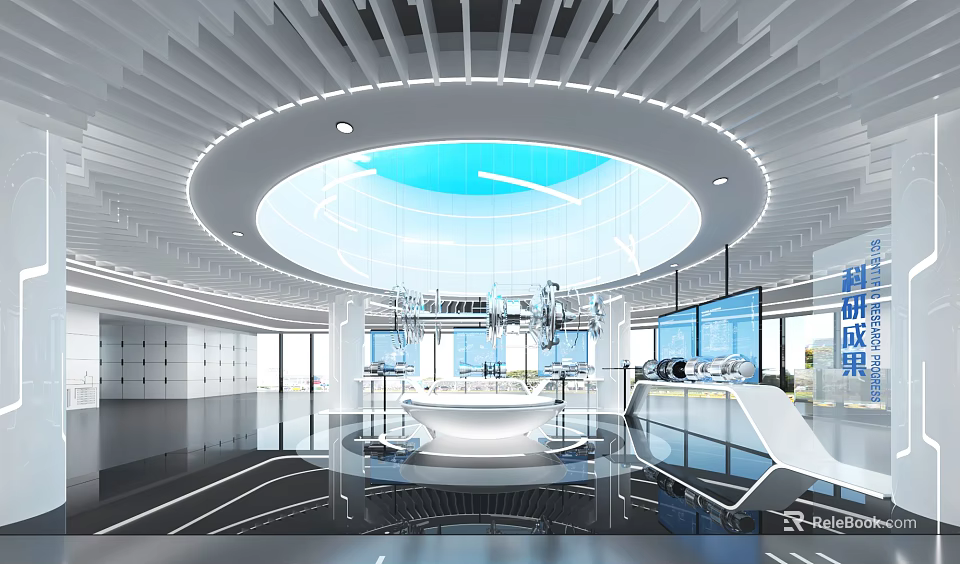 Modern Hi Tech Exhibition Hall With Circular Ceiling Blue Skylight And Glass Structure 3d model