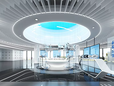 Modern Hi Tech Exhibition Hall With Circular Ceiling Blue Skylight And Glass Structure 3d model