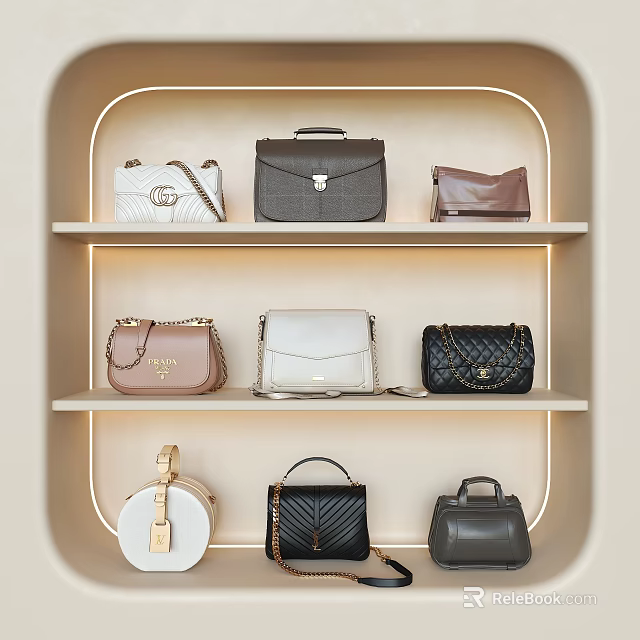 Stylish Fashion Bags Display on Shelves with Various Designs and Colors 3d model 